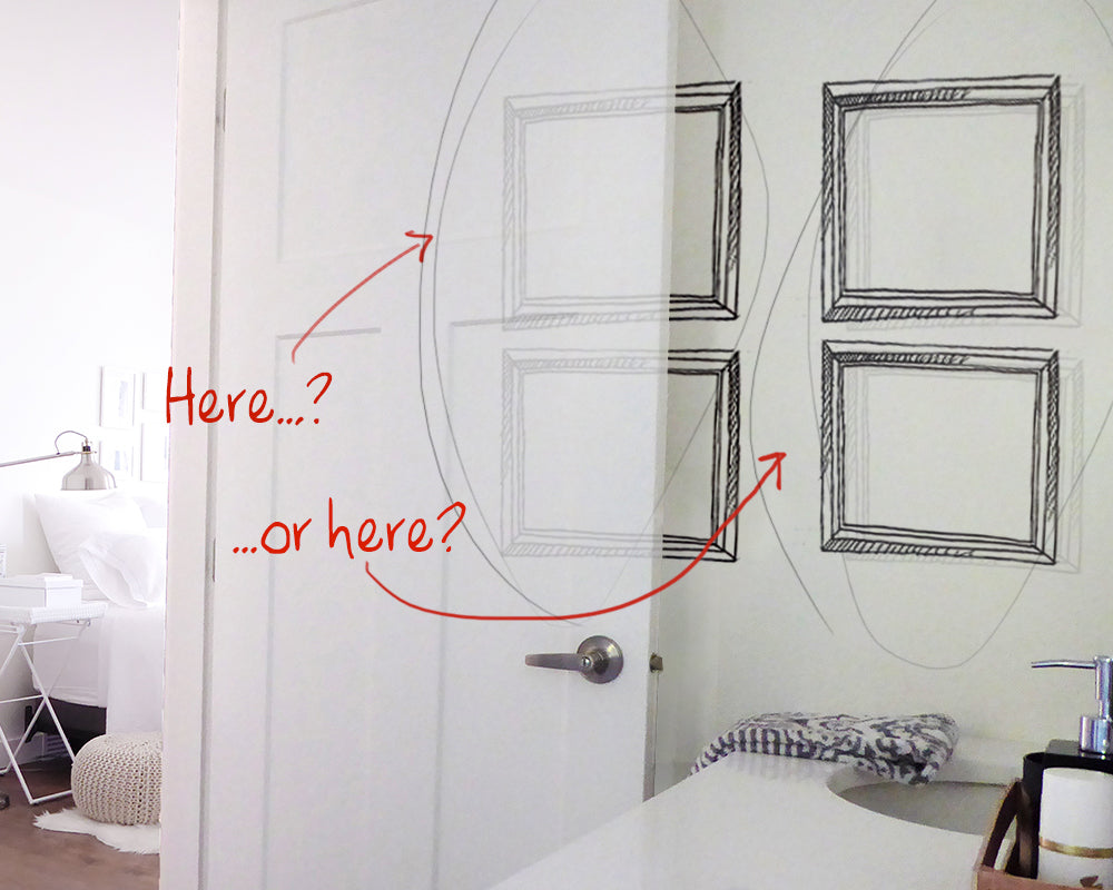 When hanging 2 pictures in the bathroom, do I center them on the wall with the door opened or closed?